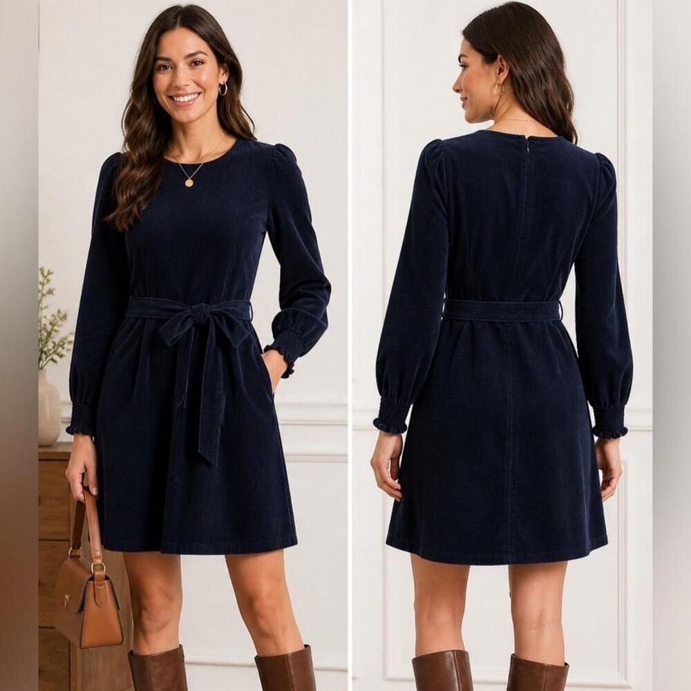 NWT Boden Navy Blue Corduroy Fit & Flare Dress | Long Sleeve | Cotton | Size 12R
